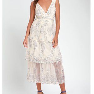 Viviana Blue and White Embroidered Lace Midi Dress